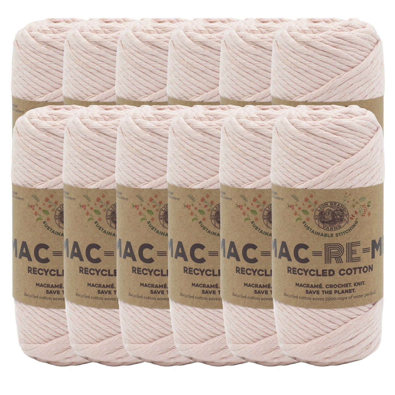 Lion Brand Yarn Mac-Re-Me Sweet Pink Super Bulky Recycled Cotton Pink Yarn 12 Pack
